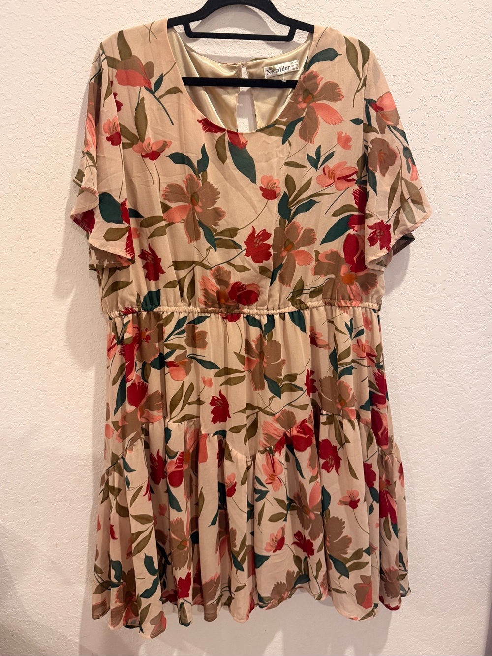Floral Tiered Midi Dress in Beige with Pink & Green Print